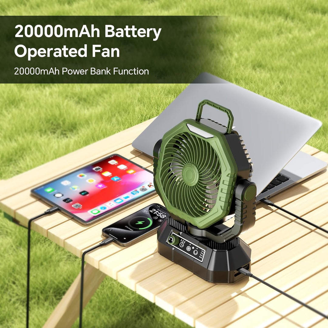 AJVV Camping Ventilator mit akku 20000mAh, Akku Ventilator mit Fernbedienung/LED Licht/270° Drehung,
