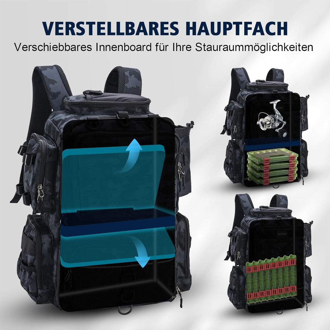 Goture Angelrucksack mit 4 Köderbox Angeln, 45-Liter Angelzubehör-Rucksack mit Zwei Rutenhaltern und