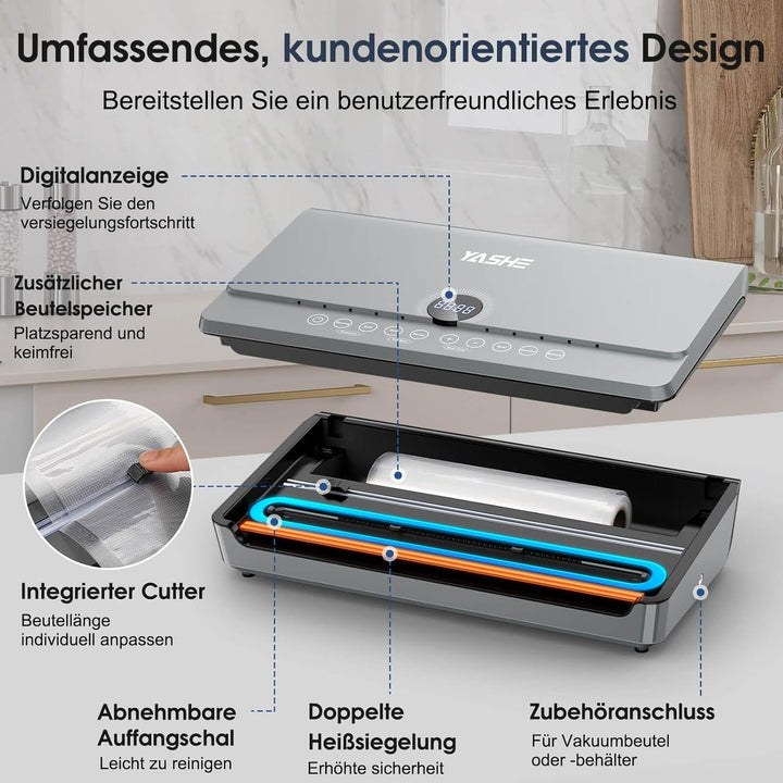YASHE 80KPA Vakuumiergerät mit Magnetischem Deckel, 10-in-1 Vakuumierer mit Doppelte Schweissnaht un