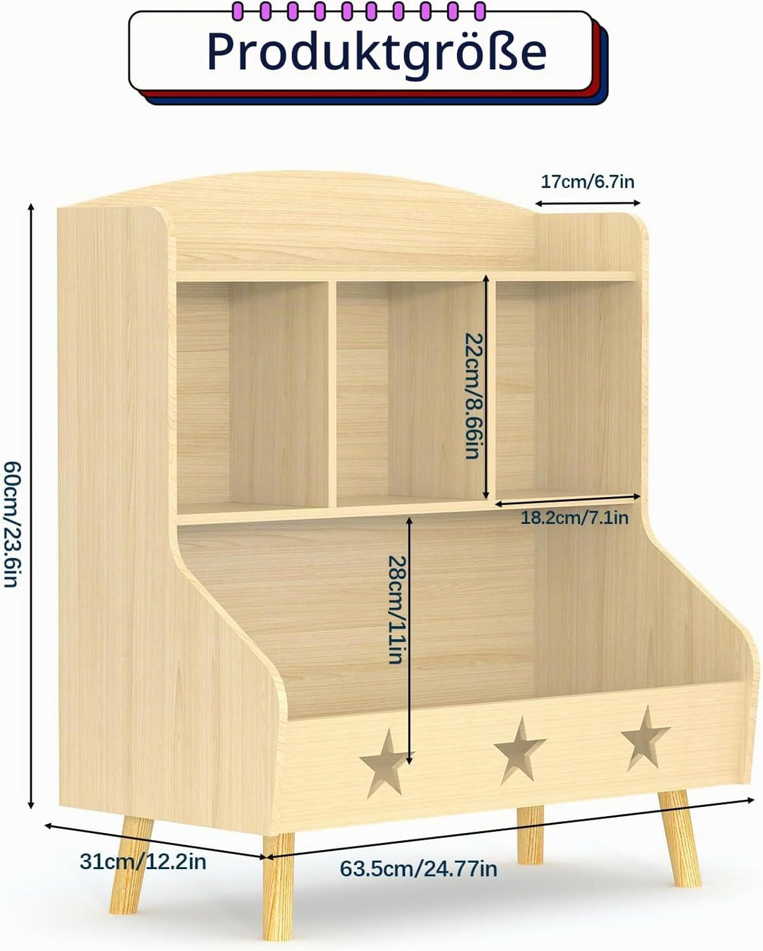 Garden 4 you Kinderregal,Bücherregal Kinder,Kinderregal mit 3 offenen Fächern,Bücherregal Kinderzimm
