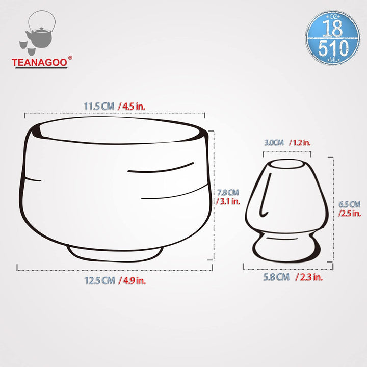 Japanische Matcha-Schale aus Keramik mit Schneebesenhalter, 510 ml. TEANAGOO K14, Blau, Chawan Match
