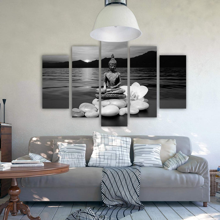 Feeby Leinwandbild 5 Teilig Buddha Bild Wanddeko Steine Blume See Schwarzweiss 200x100 cm Leinwandbi