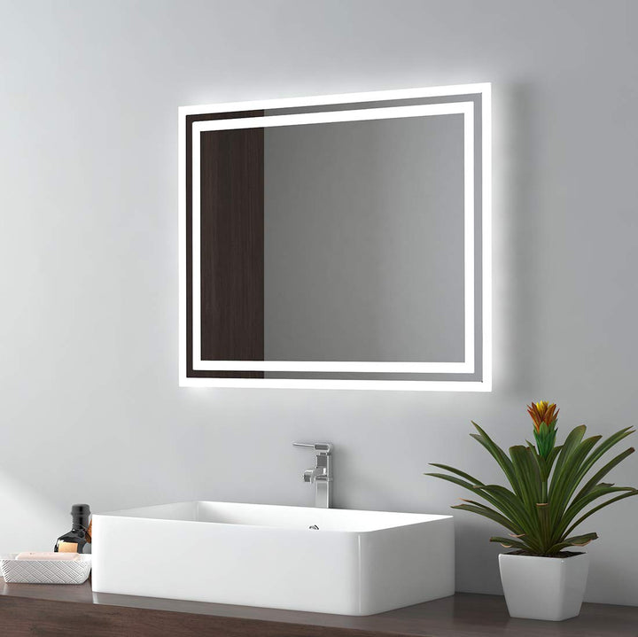 EMKE Badspiegel mit Beleuchtung 50x60cm, Badezimmerspiegel mit Kippschalter+Beschlagfrei+2 Lichtfarb