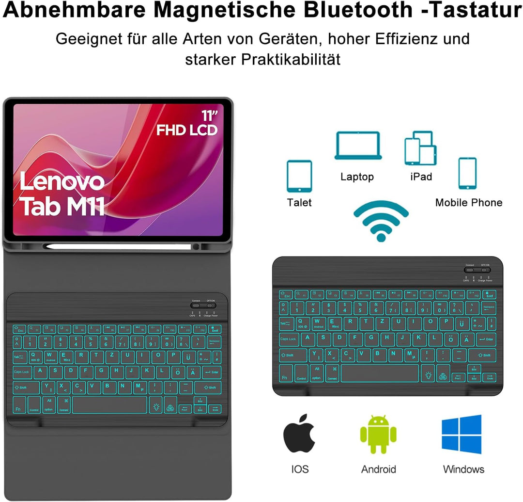 Tastatur Hülle für Lenovo Tab M11 2024, Deutsches QWERTZ, 7 Farben Beleuchtung Magnetisch Abnehmbare