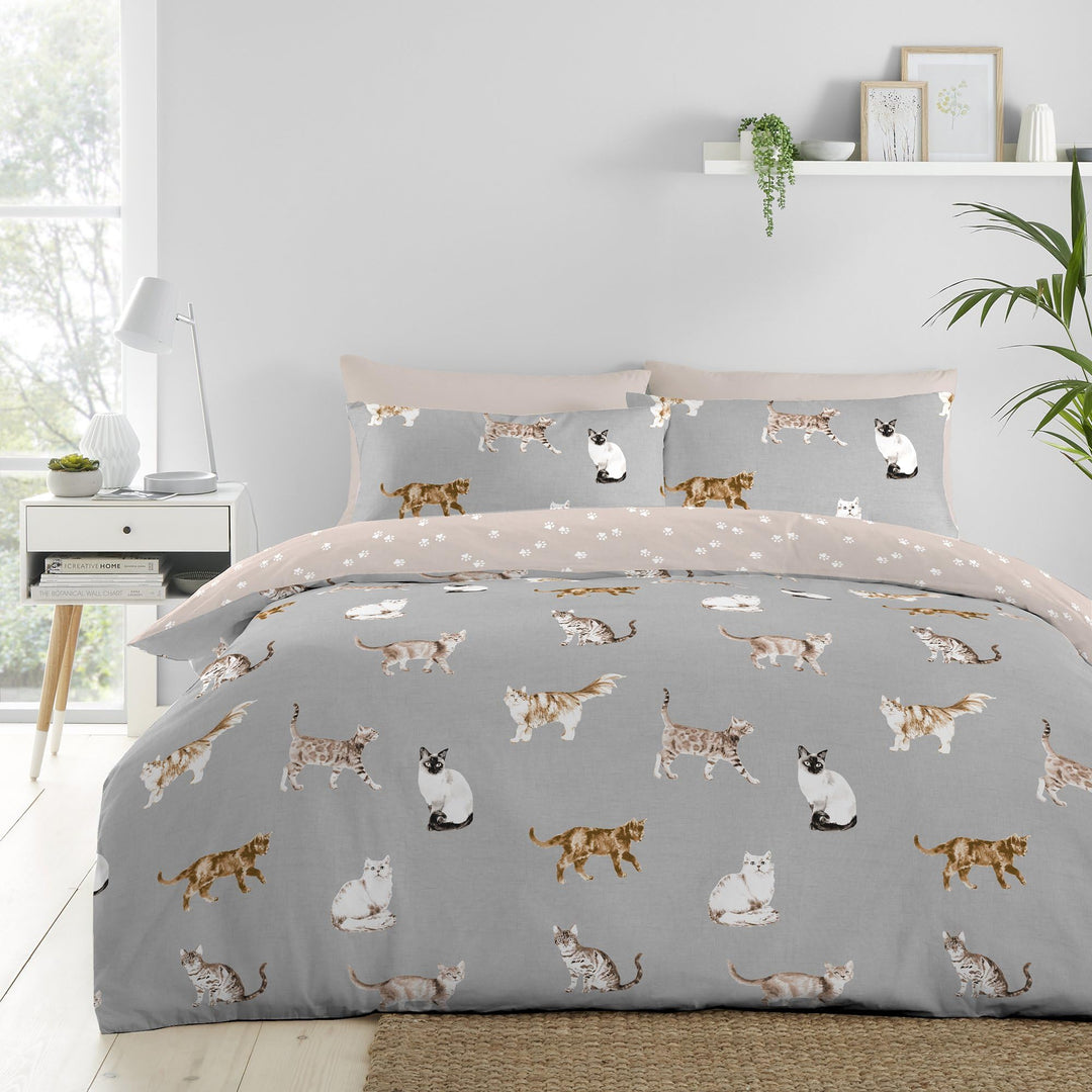 Fusion Grauer Katzen-Bettbezug – King-Size-Grösse (230 x 220 cm) – wendbares Design (rosa und grau)