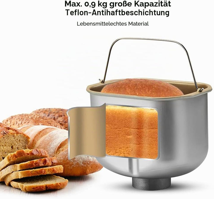Brotbackautomat, 650 Watt Edelstahl Brotbackmaschine, Vollautomatischer Brotbackautomat 19 Programme