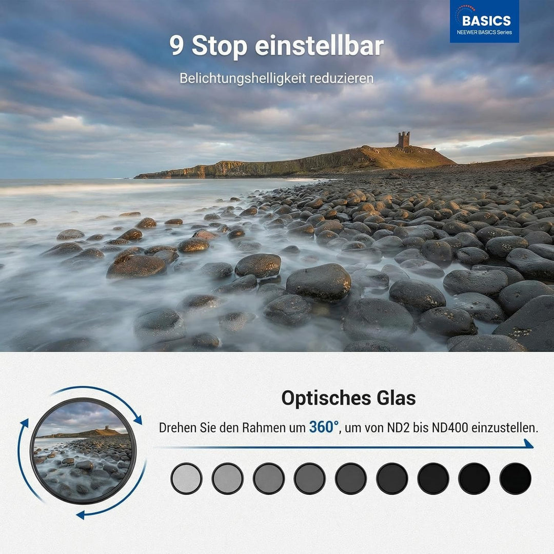 NEEWER BASICS 55mm variabler ND Filter, ND2-400 1-9 Stops Lichtreduzierung, drehbarer variabler Grau