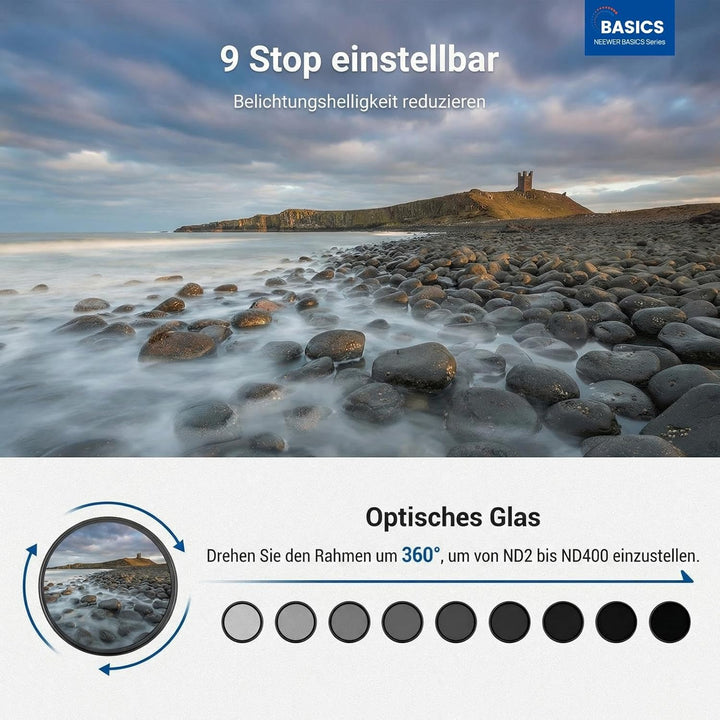 NEEWER BASICS 55mm variabler ND Filter, ND2-400 1-9 Stops Lichtreduzierung, drehbarer variabler Grau