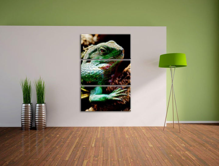 Dark grosses grünes Chamäleon NewArt 3-Teiler Leinwandbild 120x80 Bild auf Leinwand, XXL riesige Bil