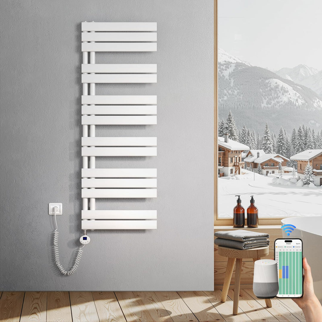 Heilmetz Badheizkörper Elektrisch 1385 x 500mm Weiss mit WIFI Smart Heizstab 800W, Flach Handtuchwär