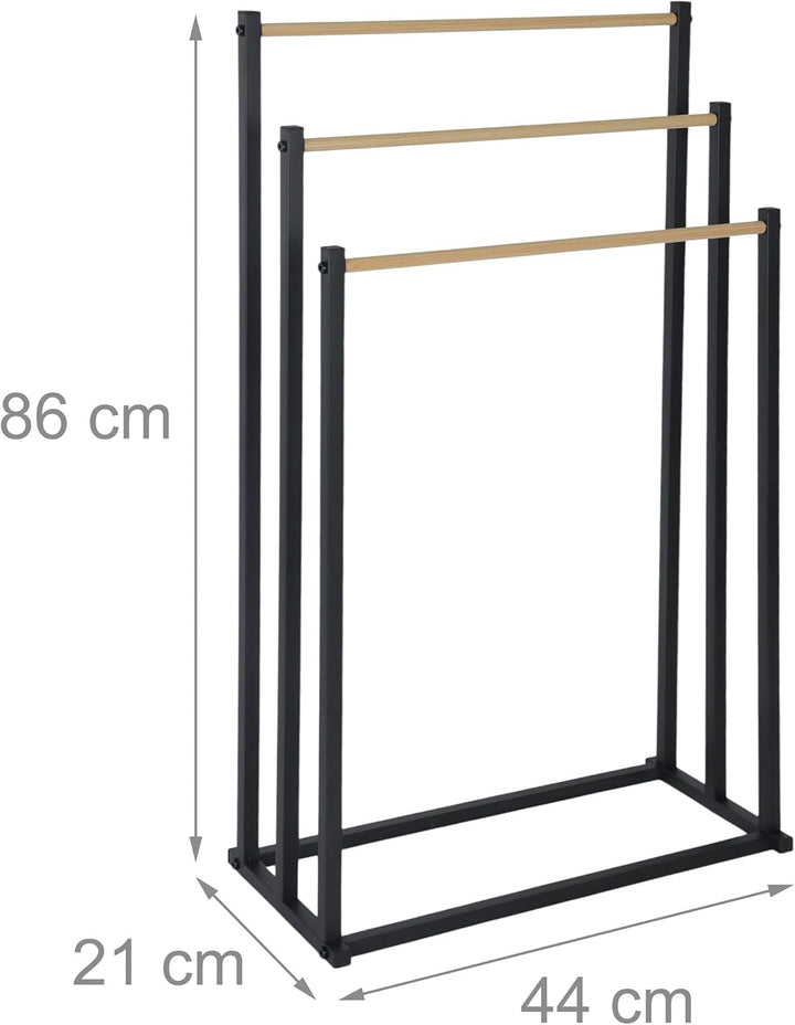 Relaxdays Handtuchständer, HBT: 86 x 44 x 21 cm, Metall, 3 Stangen in Holzoptik, stehender Handtuchh