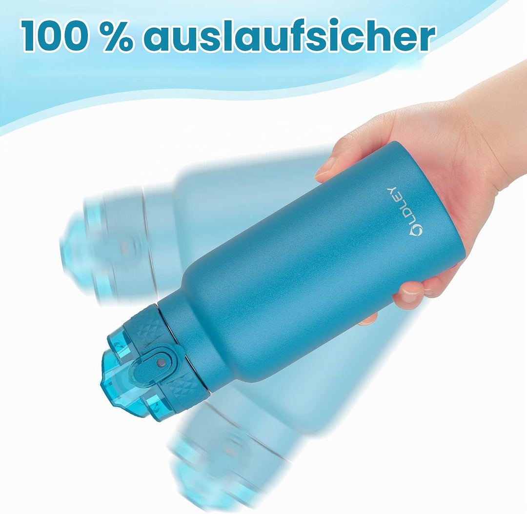 OLDLEY 500ml Kinder Edelstahl Wasserflasche mit Stroh für Schule mit 2 verschiedenen Deckeln, Metall