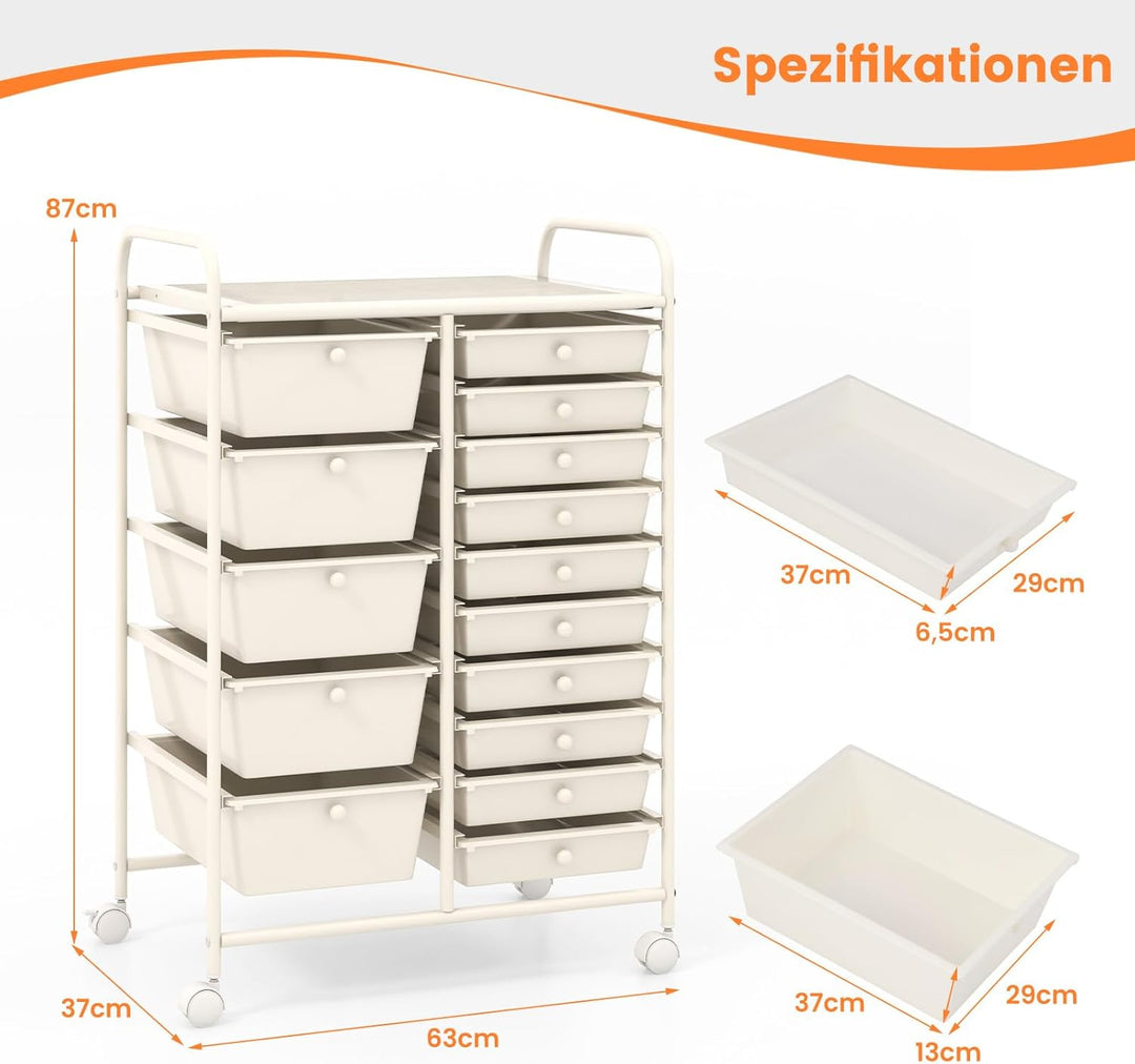 COSTWAY Rollwagen mit 15 stapelbaren Schubladen, Schubladenwagen Rollcontainer mit Metallgestell und