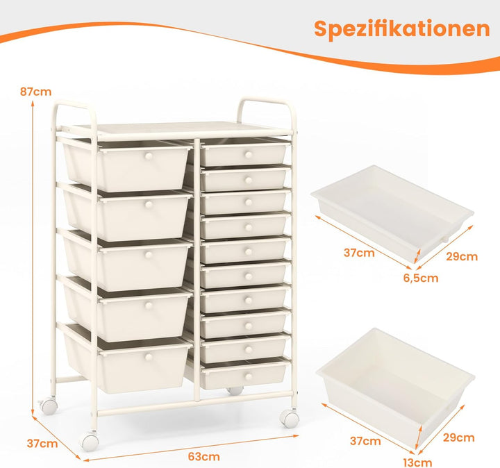 COSTWAY Rollwagen mit 15 stapelbaren Schubladen, Schubladenwagen Rollcontainer mit Metallgestell und