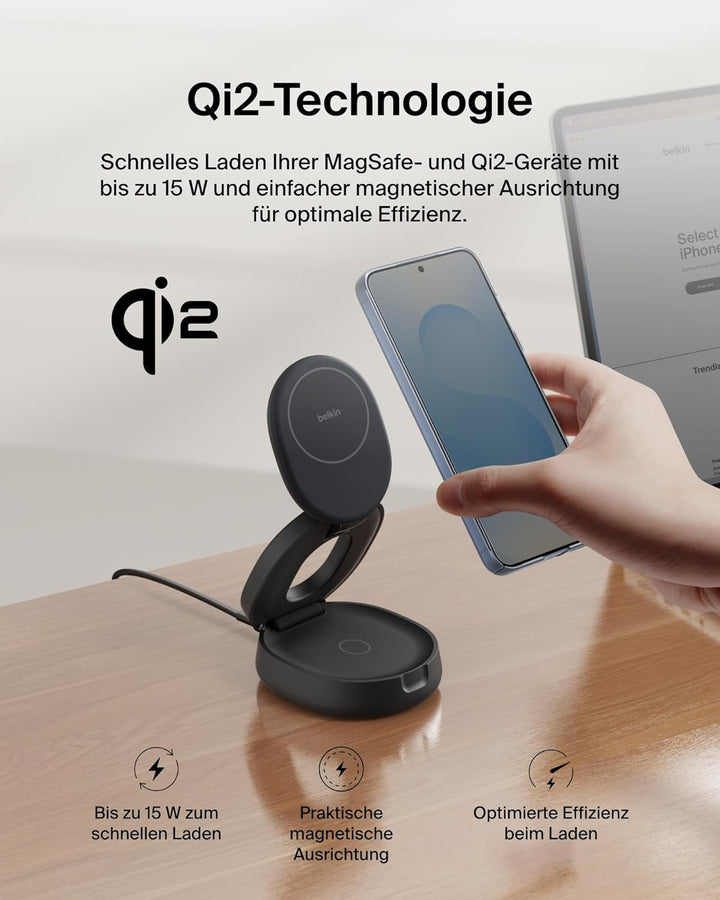 Belkin BoostCharge 2-in-1 Induktive Ladestation mit Qi2, 15W, MagSafe-kompatibles Ladegerät, Kabello