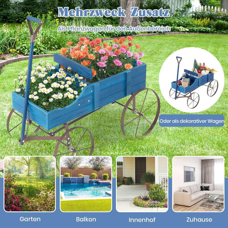 RELAX4LIFE Blumenständer mit 4 Rädern aus Metall, Pflanzwagen aus Massivholz, Holzwagen bis zu 15 kg