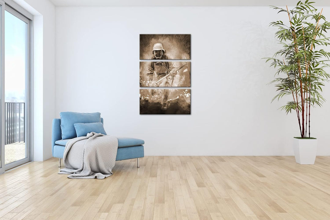 deyoli Feuerwehrmann im Einsatz Format: 3Teilig Effekt: Sepia als Leinwandbild, Motiv fertig gerahmt