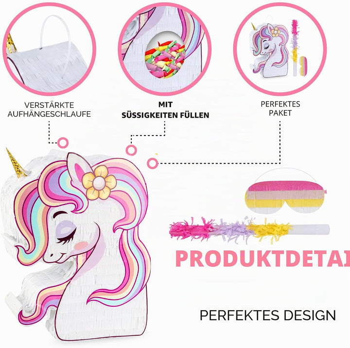 BIRCIHO Einhorn Pinata Bundle mit einer Augenbinde und Fledermaus (33 x19 x10cm), pinata geburtstag