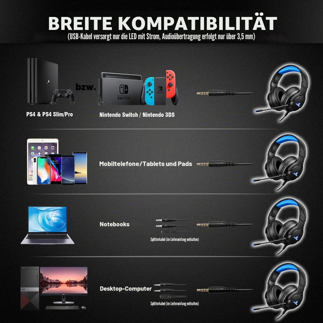 LYCANDER Gaming-Headset mit Mikrofon und LED-Licht, 3,5 mm Eingang, für PC, PS4, Xbox One, Nintendo