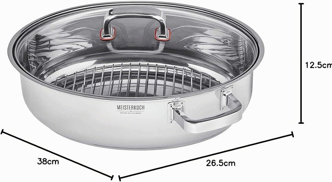 MEISTERKOCH Bräter Induktion mit Glasdeckel &amp; Dämpfeinsatz 3-teilig 38 x 26,5 cm