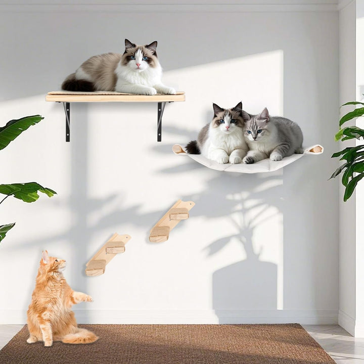 Katzen Kletterwand Set, 55cm x 46cm Katzenhängematte & Katzenwandregale & 2 Katzenleiter, 4er-Set Ka