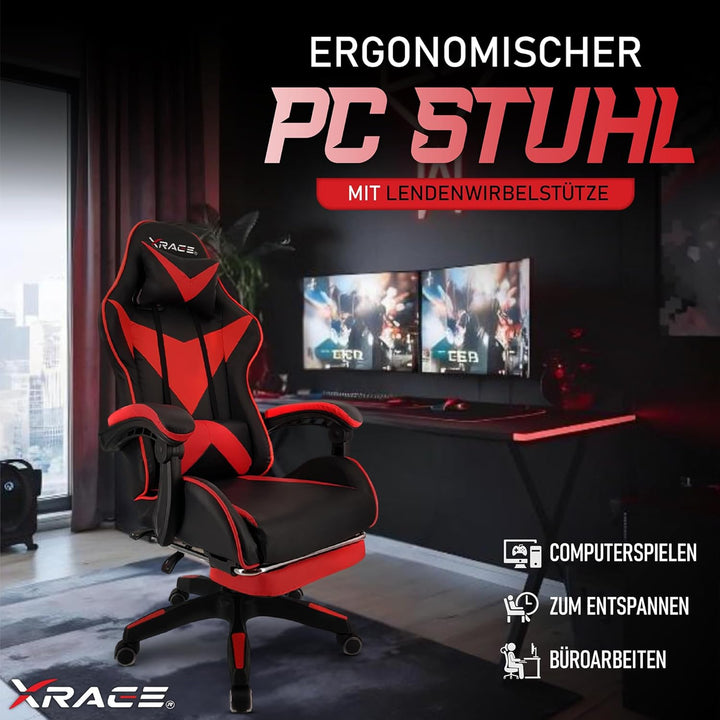 xRace Gaming Stuhl, Bürostuhl, Ergonomischer Pc Stuhl, Gaming Sessel aus Leder mit Lendenwirbelstütz