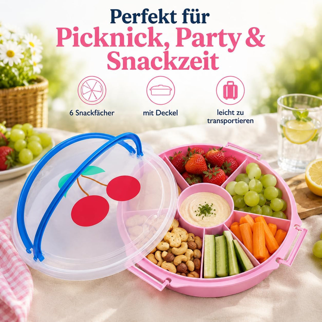 Rice Serviertablett rund Ø 32 cm mit Deckel & Tragegriff – Snack- & Partyplatte mit Fächern, BPA-fre