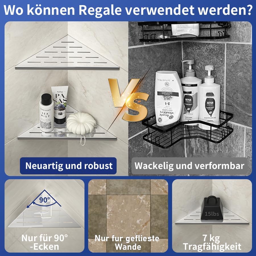 Eck Duschregal, Edelstahl 304 Badezimmerregal aus Stahl für geflieste Wände, Einbauregal für die Bad
