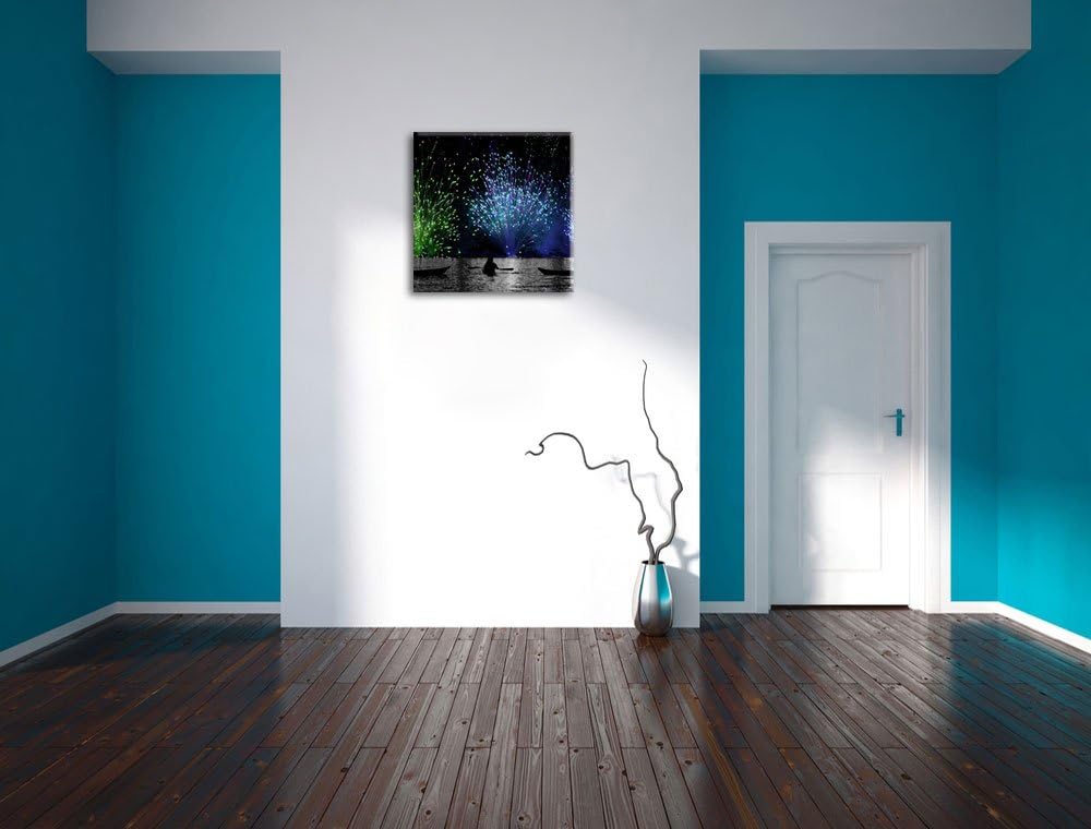 Pixxprint Feuerwerk auf dem Wasser / 70x70cm Leinwandbild bespannt auf Holzrahmen/Wandbild Kunstdruc