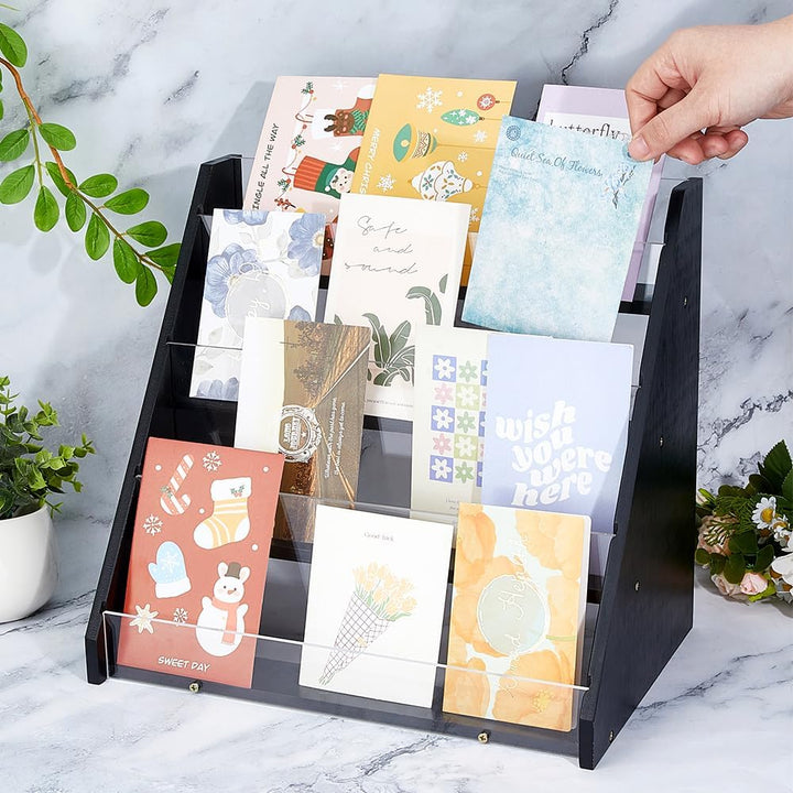 DICOSMETIC 4-Tier Grusskarten Display Ständer Aus Bambus Und Acryl Aufkleber Display Ständer Schwarz
