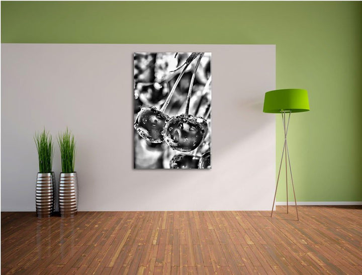 Pixxprint Frische Kirschen am Baum / 100x70cm Leinwandbild bespannt auf Holzrahmen/Wandbild Kunstdru