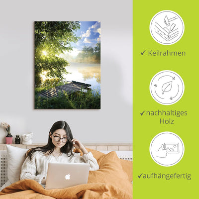 ARTland Leinwandbilder Wandbild Bild Leinwand 60x80 cm Natur Landschaft Wald Baum See Steg Sommer So