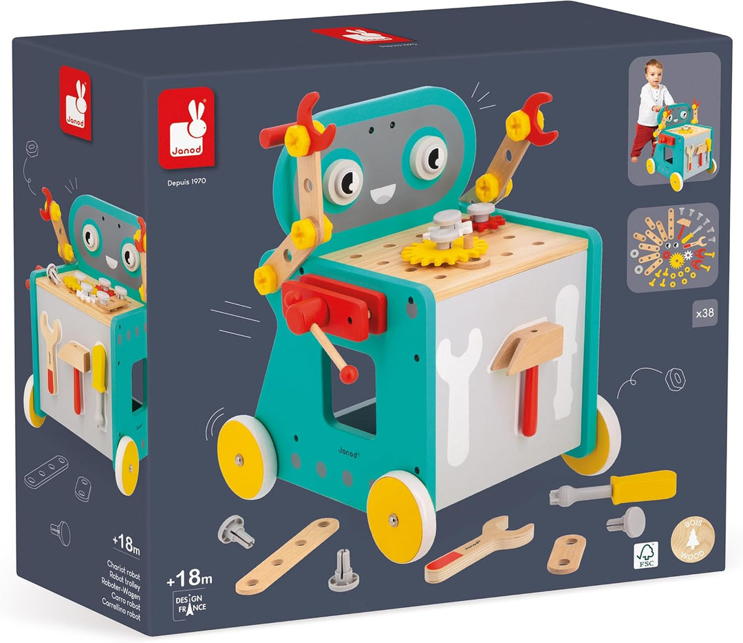 Janod - Mein erstes Konstruktionsspiel - Roboterwagen - Bastel- & Rollenspiel - 38 Zubehörteile - Fö