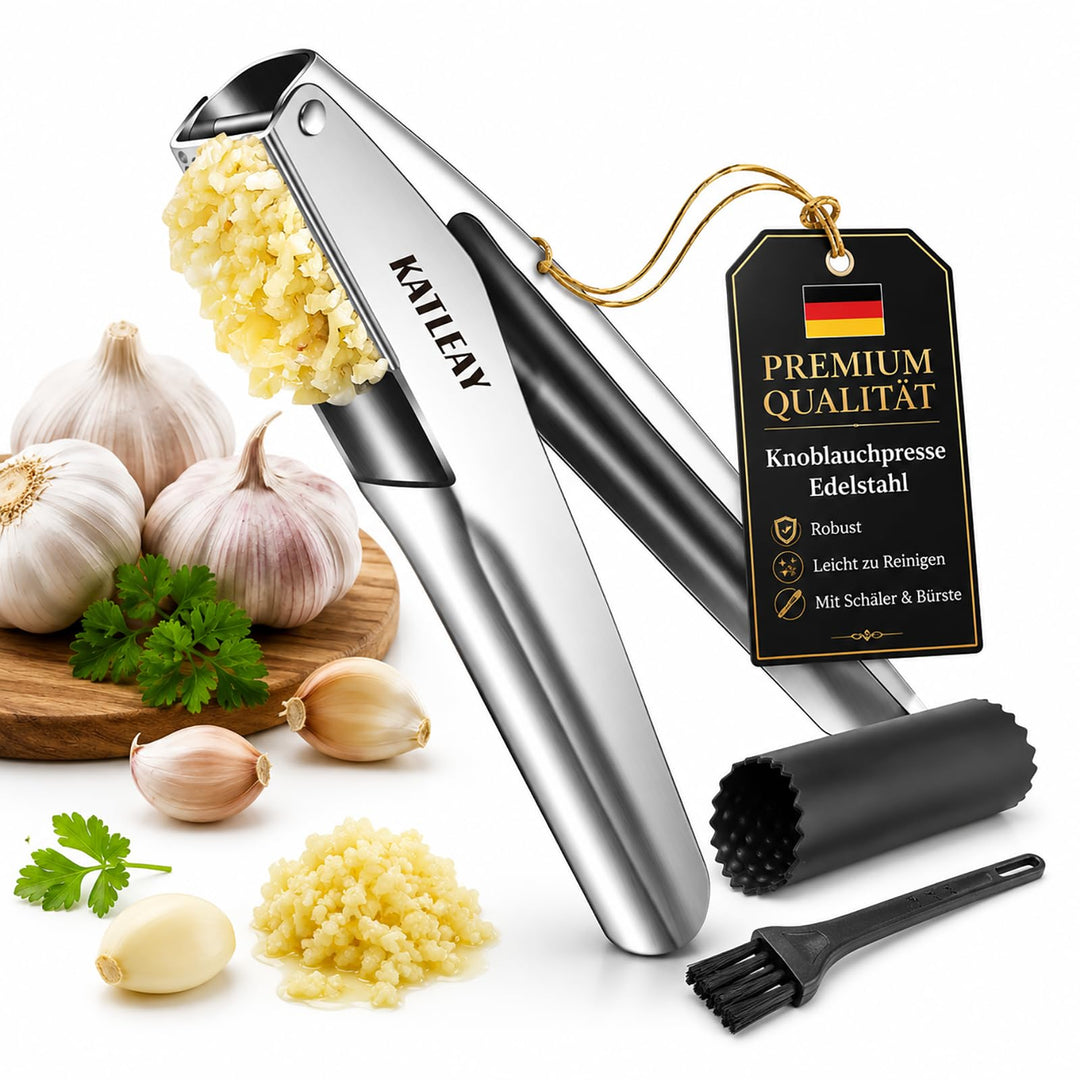 Profi Knoblauchpresse Edelstahl, Garlic Press Spülmaschinenfest - mit Schäler und Bürste, Leicht zu