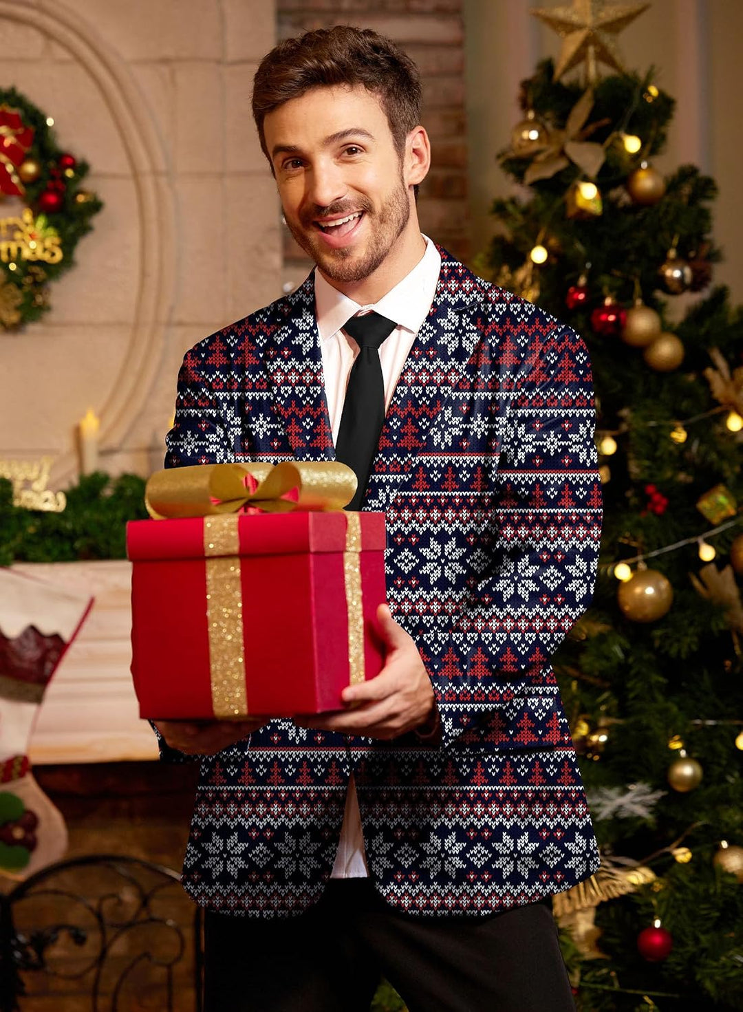 BesserBay Herren Weihnachtsblazer Bedruckte Langarm Anzugjacke Xmas Kostüm Blazer Slim Fit Blazer Fr