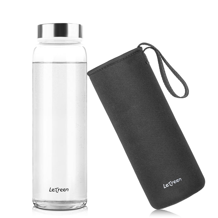 LETREEN Glasflasche 1 Liter mit Schutzhülle, Weite Öffnung Wasserflasche 1L Glas mit Spülmaschinenfe