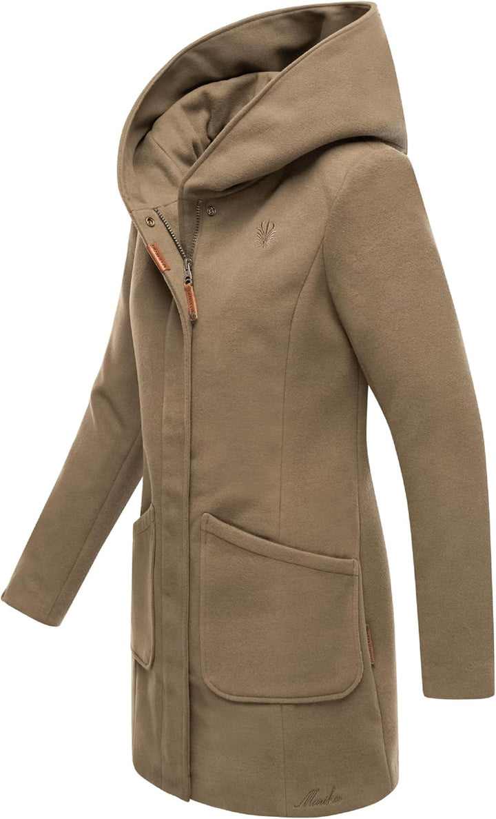 MARIKOO Damen Mantel in Wolloptik Warmer Trenchcoat mit Kapuze Maikoo XS-5XL, S Stone Brown