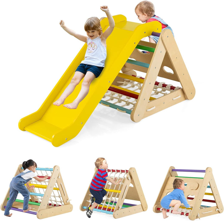 GOPLUS 3 in 1 Kletterdreieck mit Rutsche, Klettergerüst mit Leiter & Netz & Brett für Kinder, Indoor