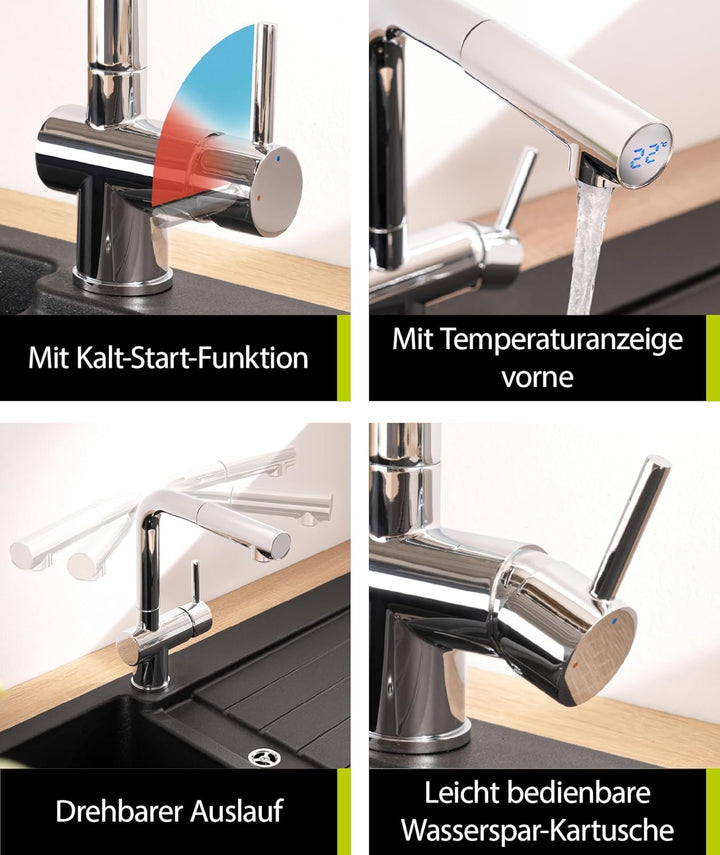 aquaSu® Spültischarmatur Naturi mit Wasserspar-Kartusche, Kosten-sparende Kaltwassermittelstellung,