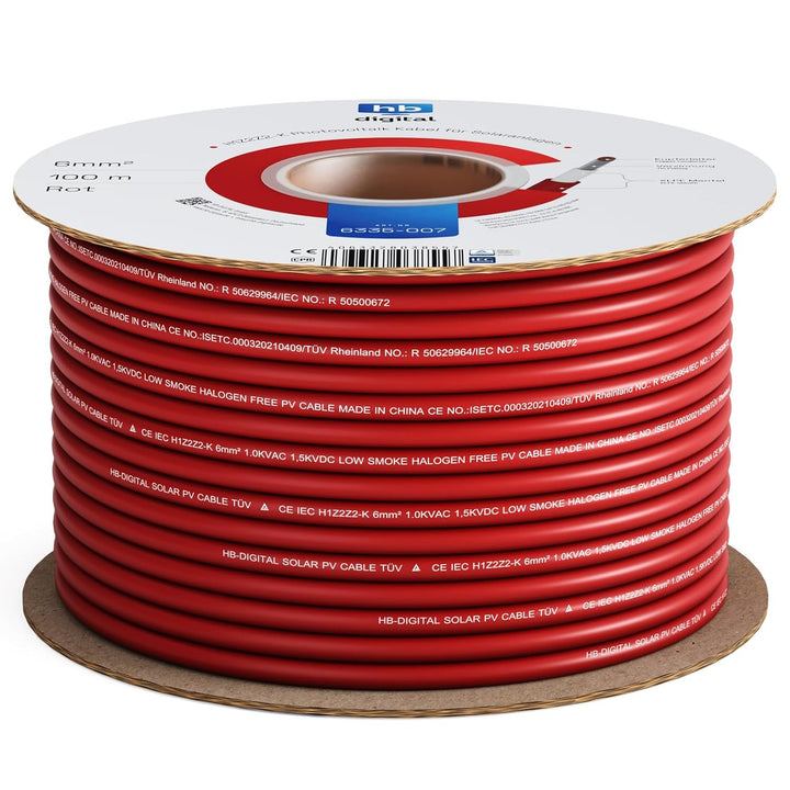 hb-digital 100m Solarkabel H1Z2Z2-K TÜV Rheinland geprüft 6mm2 UV-beständig flexibel PV Kabel Reines