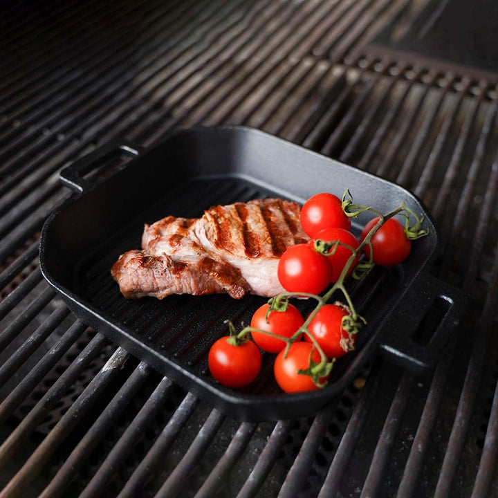 SANTOS Grillpfanne eckig- 20x20cm - Gusseiserne Pfanne mit abnehmbarem Griff - Braten, Grillen - Gus