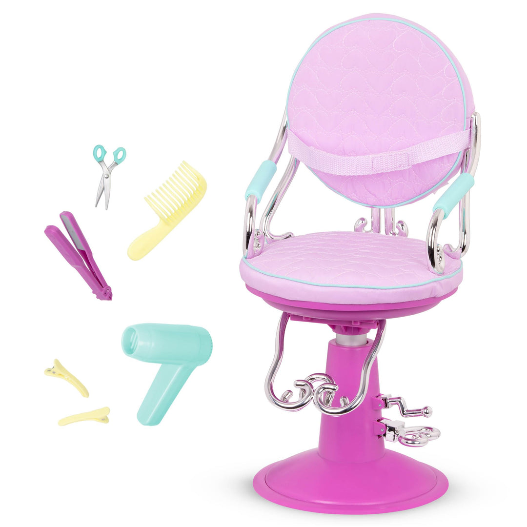 Our Generation - Sitting Pretty Salon Stuhl - Verstellbarer Salonstuhl Spielset - Haartrockner & Sty
