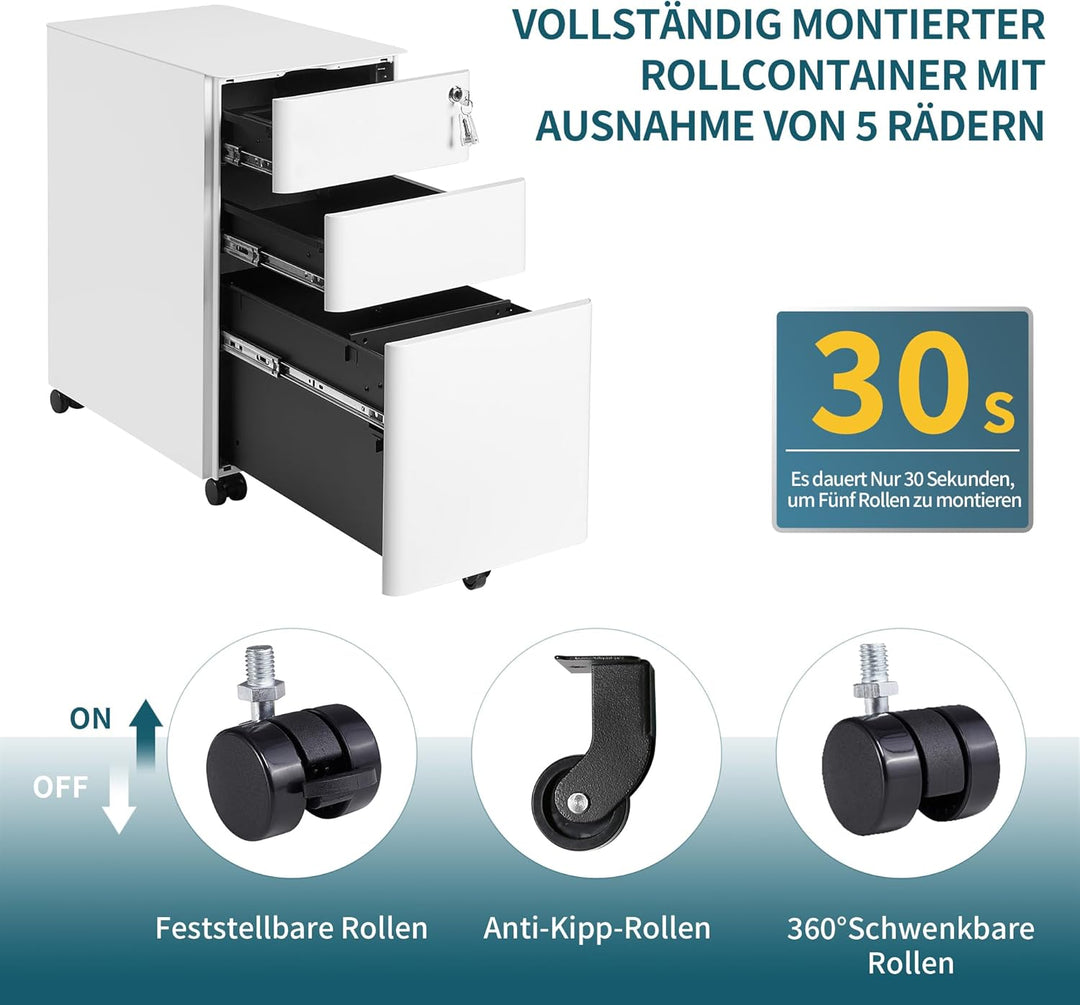 LVSTEEL Rollcontainer, Aktenschrank, Schubladenschrank, Büroschrank aus Metall, Vormontiert, Abschli