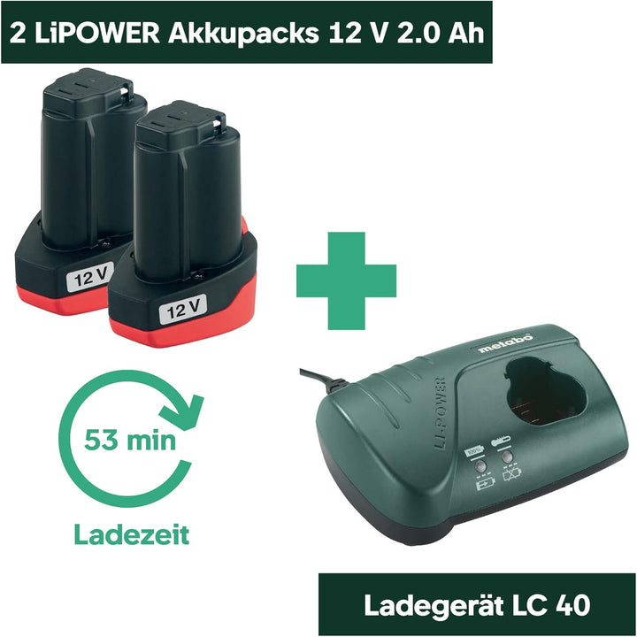Metabo Akku-Bohrschrauber PowerMaxx BS Basic Set – 600080880 – 12 V – Mobile Werkstatt mit kompaktem