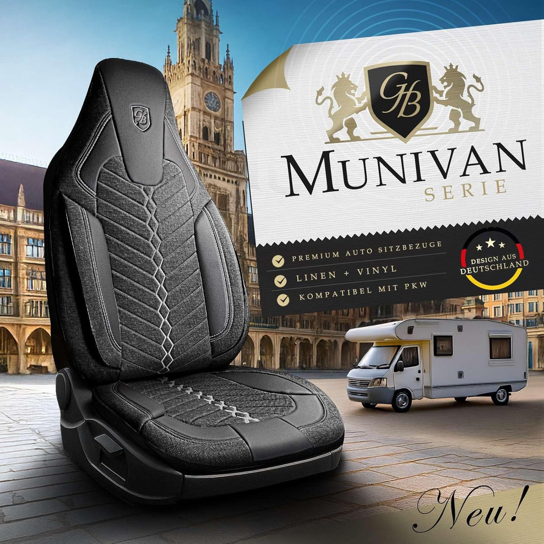 Autositzbezüge Universal für Wohnmobil & Caravan - Vordersitze Auto Sitzbezug aus Leinen, Schwarz-Gr