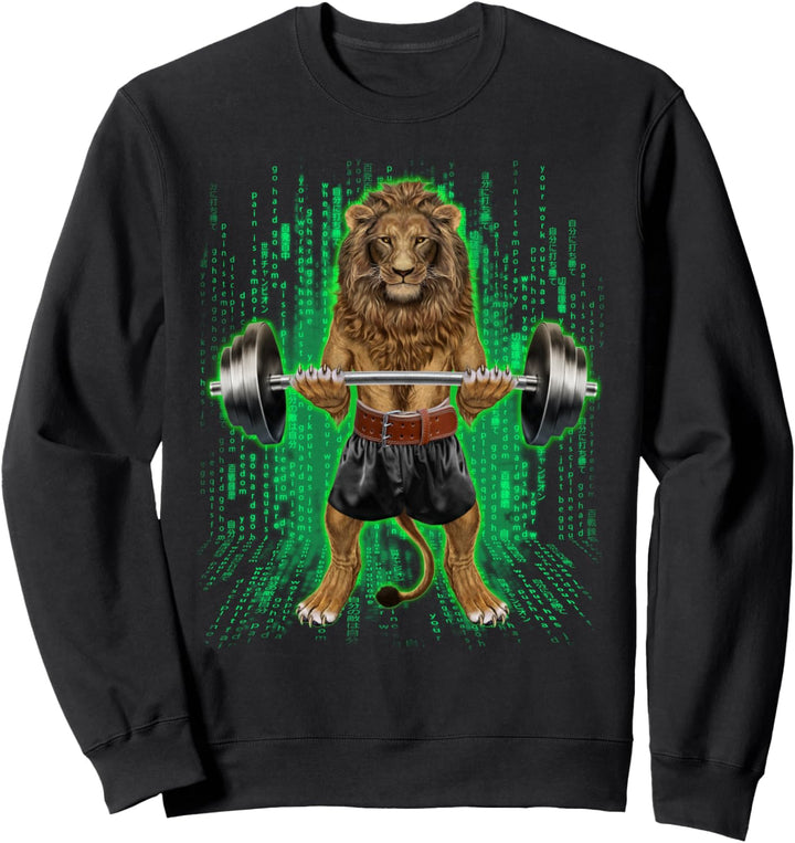 Löwe, der Gewichte im Cyber-Fitnessstudio hebt Sweatshirt
