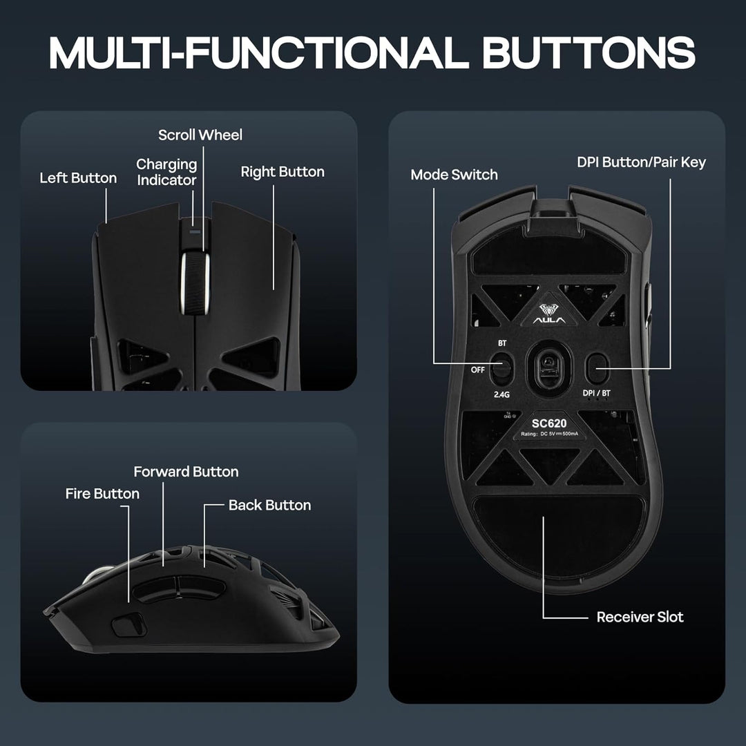 MechLands Aula SC620 Gaming-Maus, 2,4 GHz/USB-C/BT-Funkmaus mit 400-mAh-Akku, einstellbare 12.000 DP