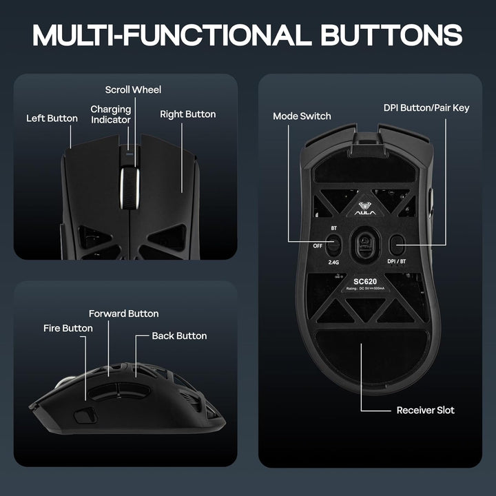 MechLands Aula SC620 Gaming-Maus, 2,4 GHz/USB-C/BT-Funkmaus mit 400-mAh-Akku, einstellbare 12.000 DP