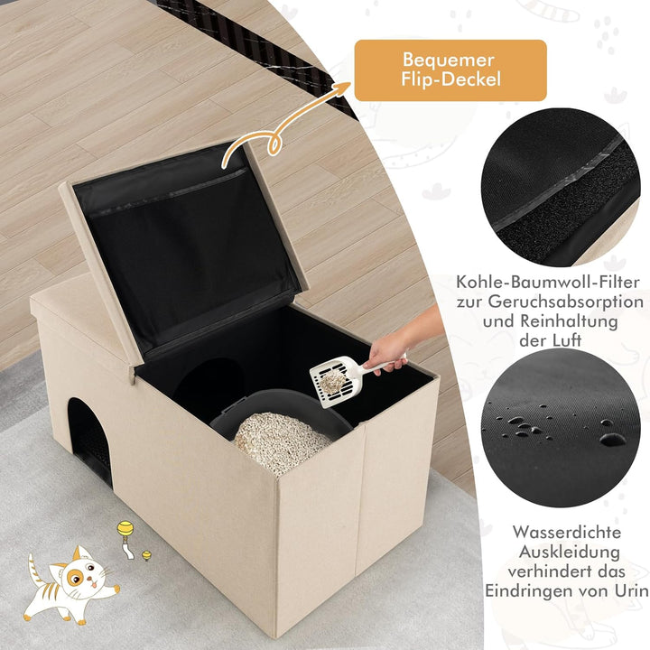 GYMAX Katzenhöhle, 3 in 1 Katzenmöbel als Katzenhaus, Sitzbank & Katzentoilette, Schuhbank mit Matte