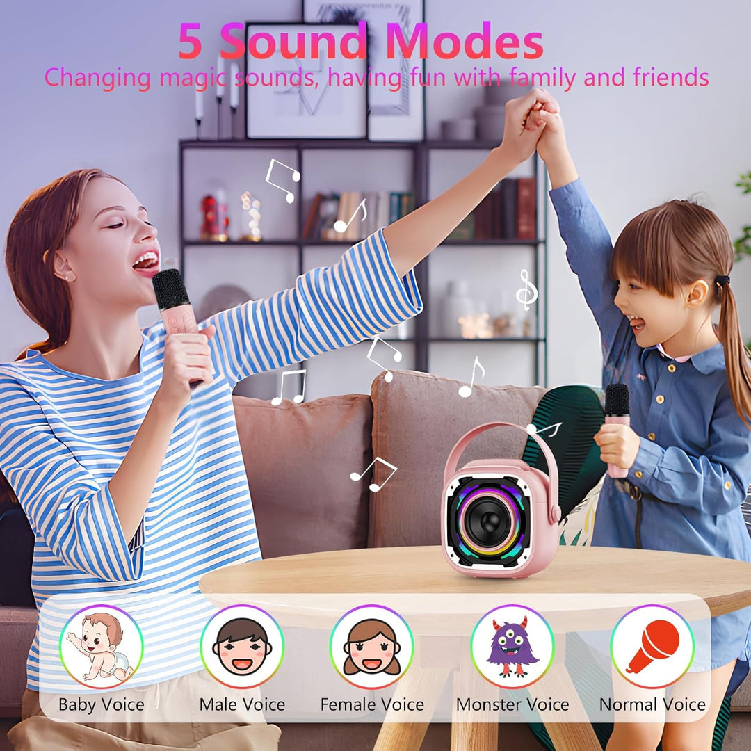 Karaoke Maschine Kinder mit 2 Mikrofonen, Tragbare Bluetooth Lautsprecher mit Telefonhalterung/Dynam